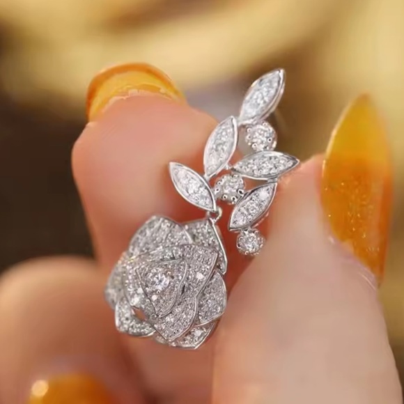 Rose Silver Crystal Diamond Earrings – Floral Statement Jewelry - Picture 3 of 7